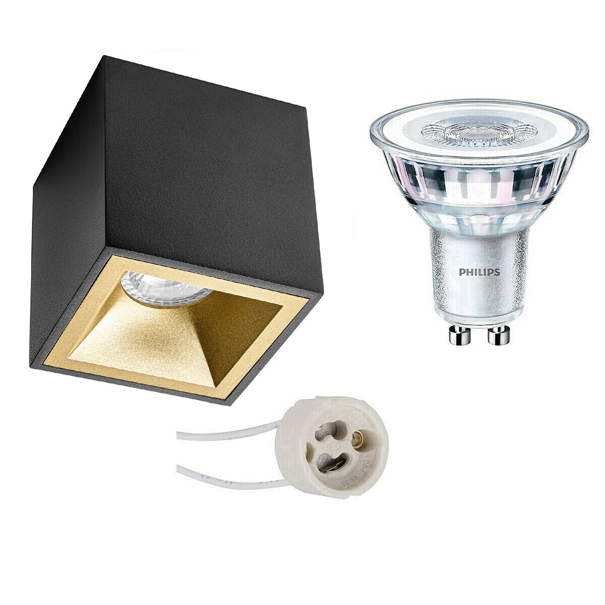 BES LED Opbouwspot Set - Pragmi Cliron Pro - GU10 Fitting - Opbouw Vierkant - Mat Zwart/Goud - Verdiept - 90mm - Philips - CorePro 830 36D - 4.6W - Warm Wit 3000K