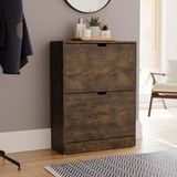 Vida Designs Schoenenkast met 2 laden, ruimtebesparende slanke schoenopbergkast met 2 klapladen, hal- en woonkamermeubels FSC 100 gecertificeerd (donker hout)