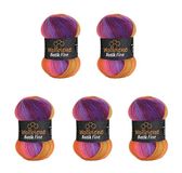5 Wollbiene Batik Fine Wol, 5 x 100 g, 500 gram wol met kleurverloop, meerkleurig, kleur: 5600 paars bessen oranje