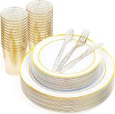 Matana – 150-delig Plastic Feestservies – 50 Borden met Gouden Rand (2 Maten), 25 Lepels, 25 Vorken, 25 Messen, 25 Bekers – Voor Bruiloften & Verjaardagen