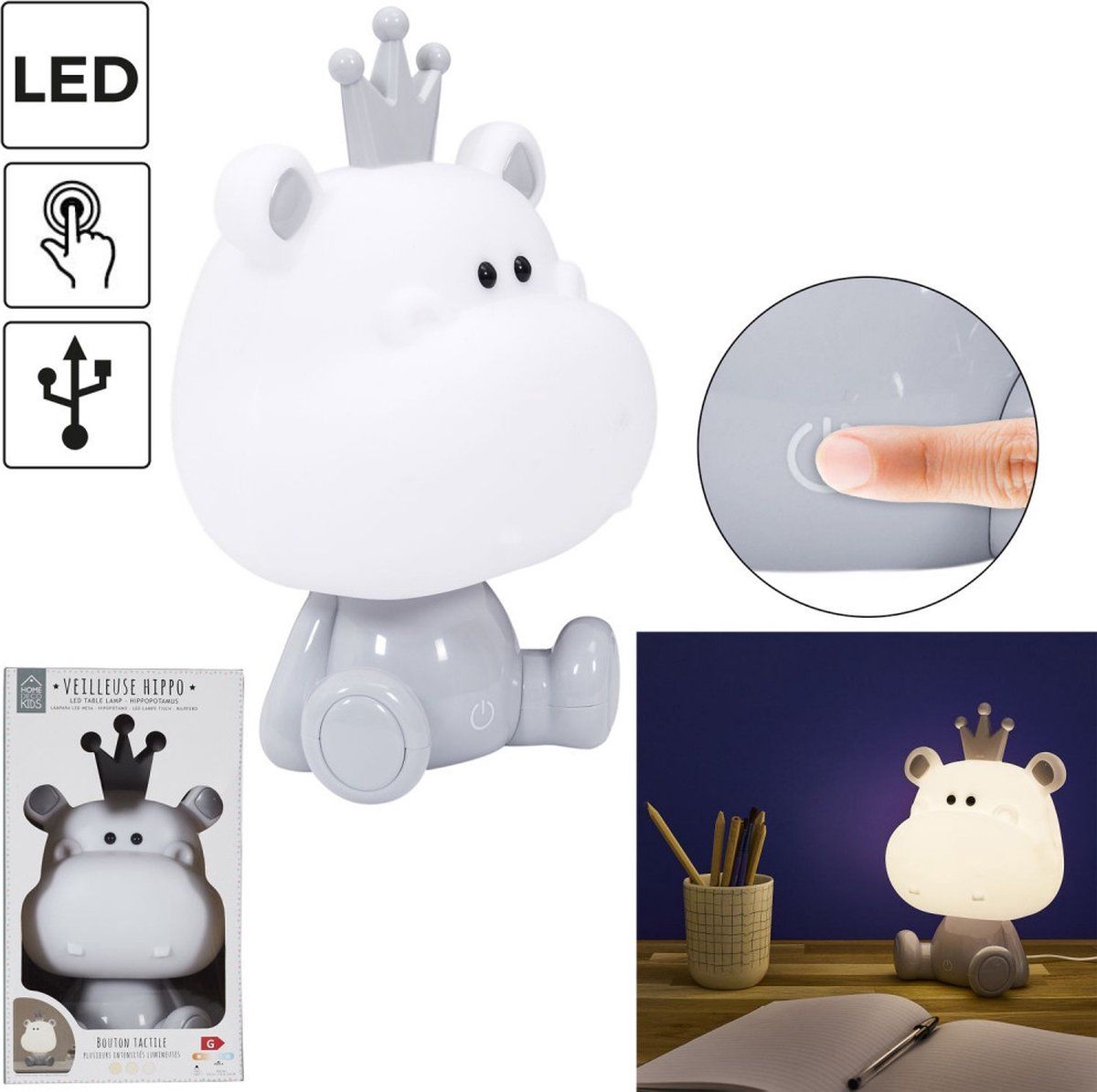 Home Deco Kids nijlpaard nachtlampje grijs PVC