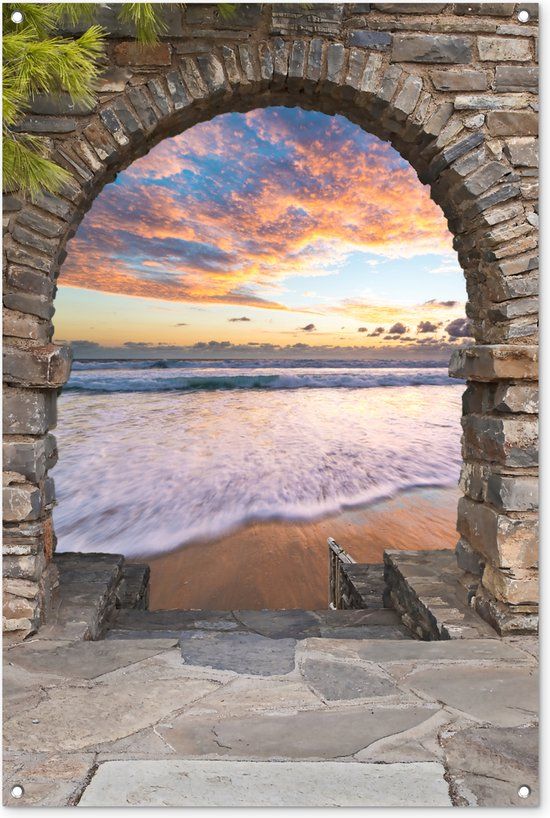 GreatGardenPosters Tuinposter - Doorkijk - Zee - Zonsondergang - Strand - 80x120 cm - Schuttingposter - Tuindoek