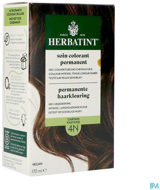 Herbatint Haarverf - Permanente Vegan Haarkleuring - Natuurlijke haarkleuring - 100% grijsdekking - Zonder gebruik van ammoniak - 4N Kastanje Haarverf - 170ml