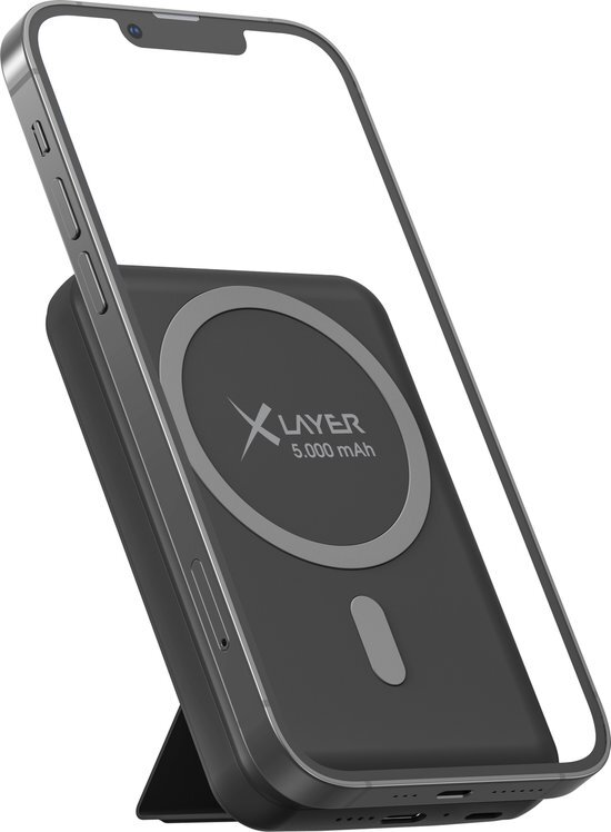 XLayer Powerbank &amp; smartphone standaard 5000 mAh - Wireless charging MagSafe compatible - Powerbank draadloos opladen en ingebouwde standaard - USB-C 18W in- en output - Lightning input - zwart