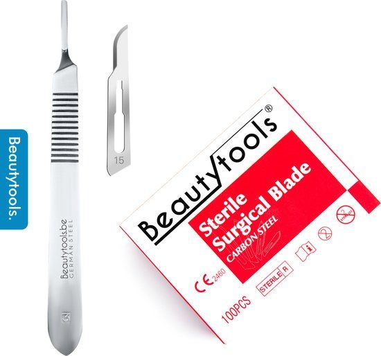 BeautyTools Scalpels Set met Bistouri Houder nr. 3 + Mesjes nr. 15 (100 stuks) - Steriel Verpakt