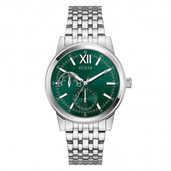Guess Emerson herenhorloge, roestvrij staal, 42 mm, zilverkleurige stalen band, groene kast, groene wijzerplaat, datumweergave, analoog, quartz, 3 ATM