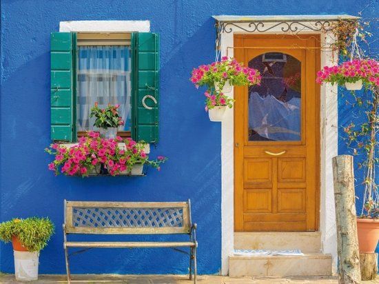 Anna's Collection Buiten canvas 58x78 cm Italiaans blauw huis