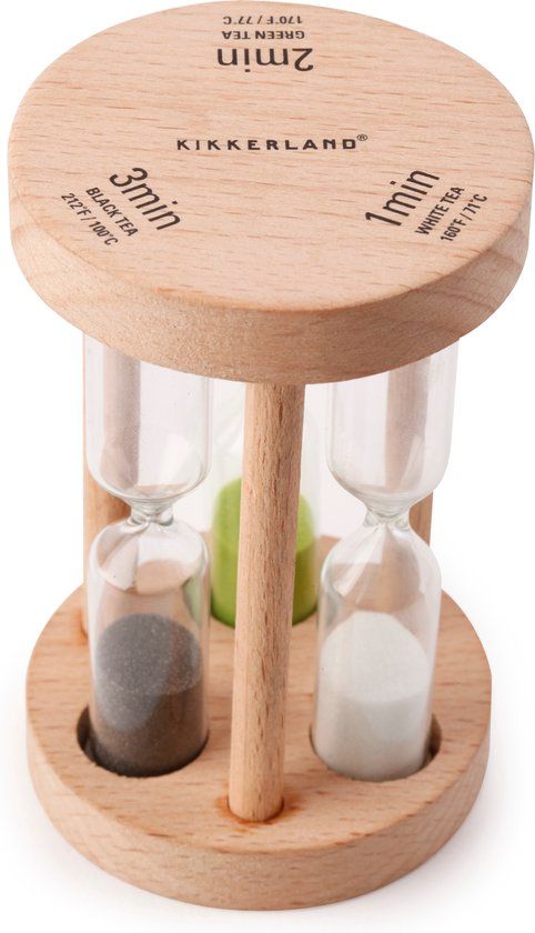 Kikkerland Zandloper - Beukenhout en glas - Wit/Groen/Zwart zand - Voor drie soorten thee