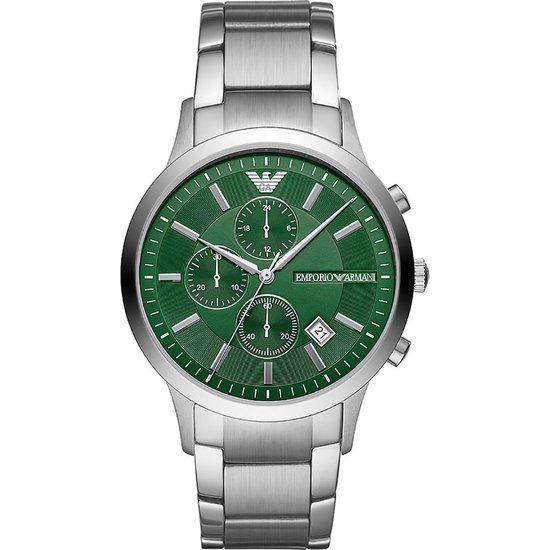 Emporio Armani AR11507 Herenhorloge - 43 mm - Zilverkleurig - Groene Wijzerplaat - Stalen Band