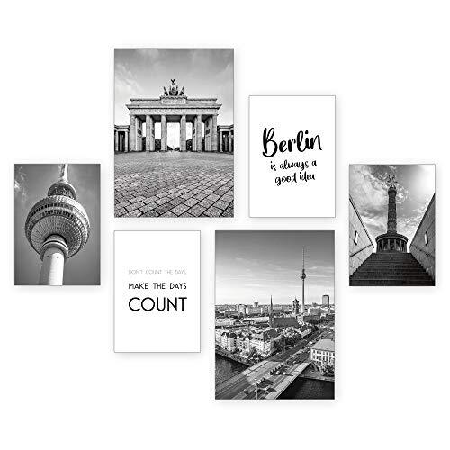 Kreative Feder Berlin Posterset met 6 decoratieve afbeeldingen voor de woonkamer, moderne slaapkamer voor aan de muur, optioneel met lijst, 2 x DIN A3 en 4 x DIN A4, ca. 30 x 40 cm en 20 x 30 cm. Frameloos.