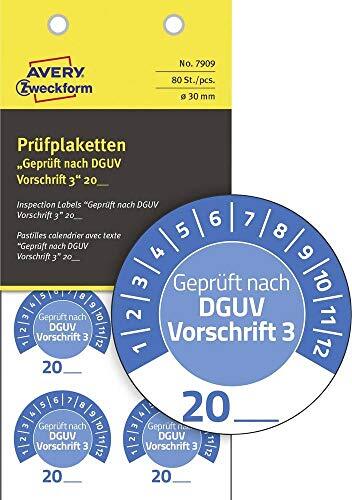 Avery 80 stuks teststickers getest volgens DGUV voorschrift 3 20 (met jaarnummer om zelf in te vullen, duurzaam, zelfklevend, 30 mm, teststickers, testzegel van vinyl) 7909 blauw