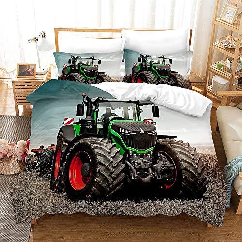 GDGM beddengoed met tractorprint, 135 x 200 cm, voor jongens | ontwerp met tractor en maaidorser, kinderbeddengoed, kussensloop, dekbedovertrek met ritssluiting, 2-delig (A03, 135 x 200 cm + 75 x 50 cm x 1)