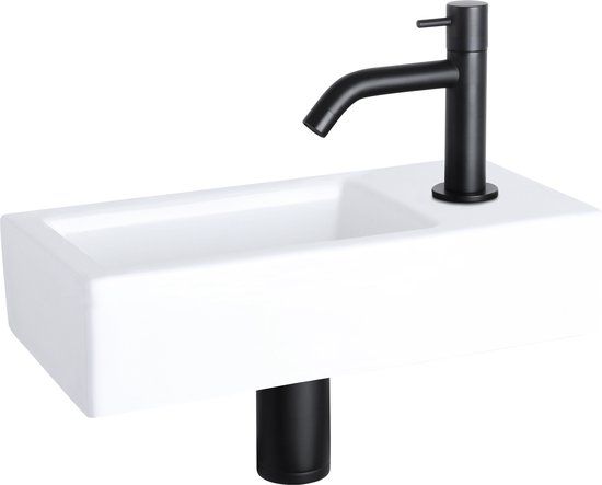 Differnz Ravo Fonteinset - 38.5x18.5cm - Wit Keramiek - Mat Zwart Gebogen Kraan