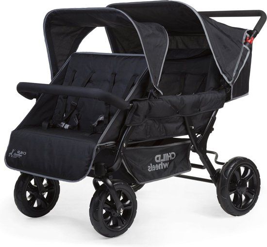 Childhome Two By Two - Meerling Wandelwagen voor 4 Kinderen - Zwart - Inclusief Regenhoes