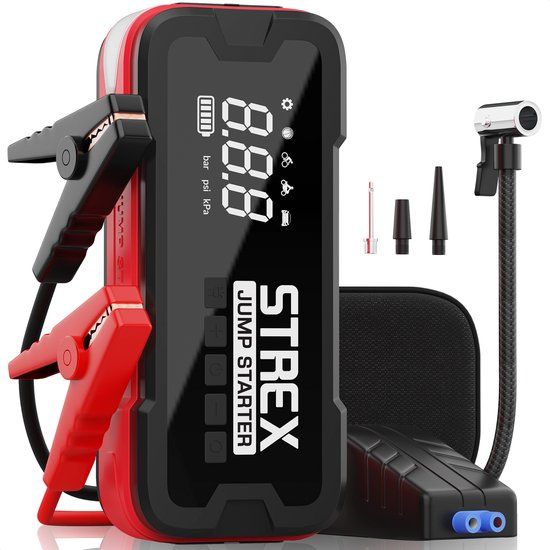 Strex 12V Jumpstarter voor Auto & Motor met Compressor - 4000A / 24.000 mAh - 5-in-1 Starthulp met Compressor, Powerbank, LED Zaklamp en SOS Noodlicht - Jump Starter - Incl. Hardcover