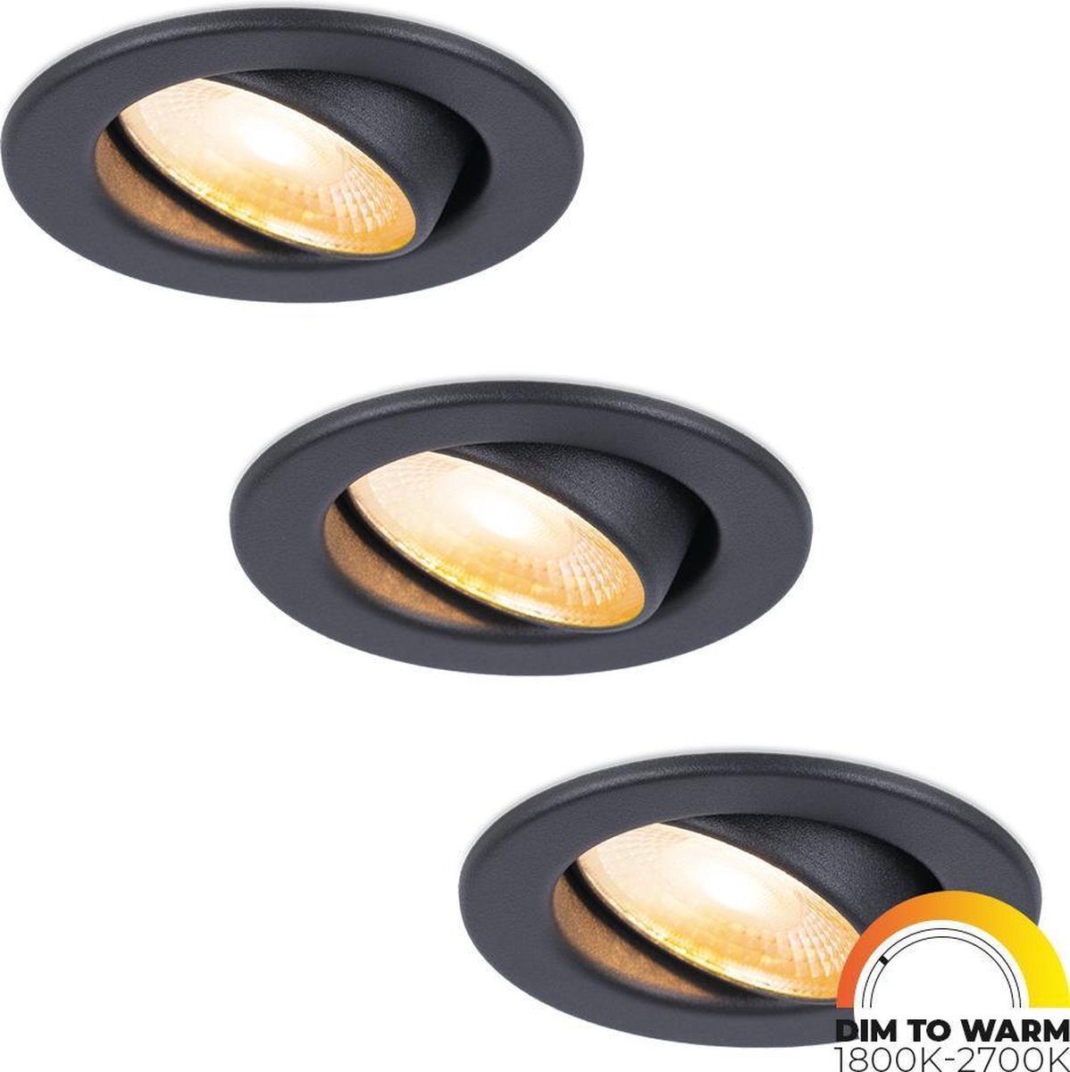 HOFTRONIC 3x Malta - Dim to warm inbouwspot - LED - Rond zaagmaat 60-67mm - Zwart - Dimbaar - Kantelbaar - 5 Watt - 480 lumen - 230V - 1800-2700K - Plafondspots - Inbouwspot voor badkamer en buiten -