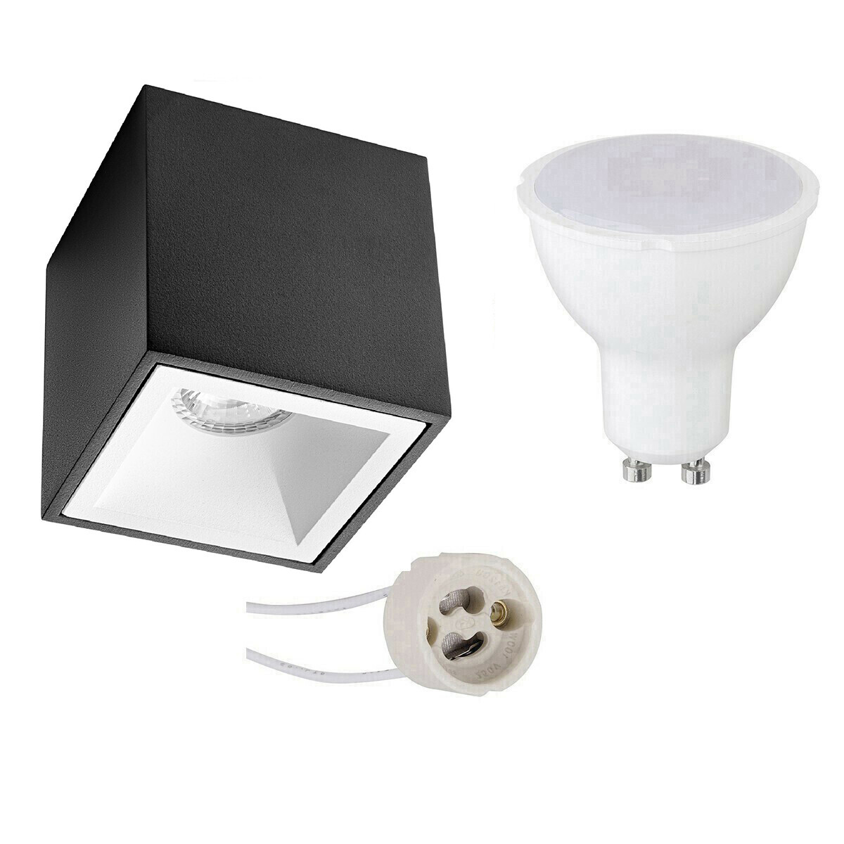 BES LED Voordeelset Opbouwspot Set - Pragmi Cliron Pro - GU10 Fitting - Dimbaar - Opbouw Vierkant - Mat Zwart/Wit - 6W - Warm Wit 3000K - Verdiept - 90mm