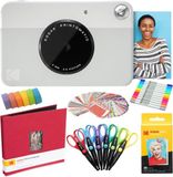 KODAK Printomatic Instant Camera (grijs) kunstpakket + zinkpapier (20 vellen) + 8 x 8 stoffen verzamelalbum + 12 dubbele puntmarkers + 100 stickers + 6 scharen + Washi tape