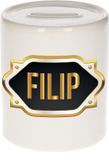 Bellatio Decorations Shoppartners Bv Spaarpot met voornaam Filip - wit - met goud/zwart embleem - 8 x 9 cm - keramiek - met afsluitdop - cadeau verjaardag