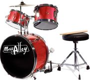 Music Alley 3 Piece Junior Drum Kit with Cymbal, Pedal, Stool and Sticks - Metallic Red