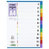D.RECT Register voor A4, PP12, 12 Tabbladen, Ringbandregister, Tabbladen met Nummeropdruk 1-12, Veelkleurig, Gekleurde Tabbladen van PP, Polypropyleen