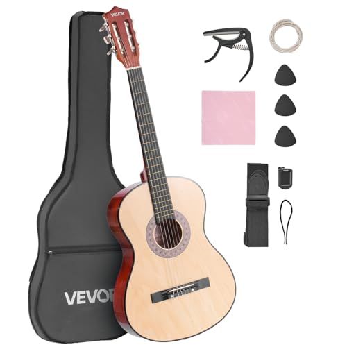 VEVOR Akoestische gitaar, klassieke gitaar, volledige startset met nylon snaren, gigbag, riem, stemapparaat, extra snaren, pick, capo, voor tieners, volwassenen, studenten, jeugd, natuurlijk