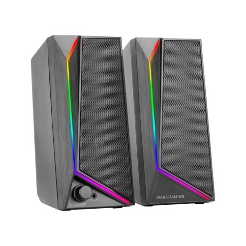Mars Gaming MS72, Gaming-luidsprekers 15W, RGB Flow-verlichting, 2 Actieve Drivers, DSP-chipset, Plug&Play USB- en 3,5mm-jackaansluiting, Volumeregelaar en Audio-aansluiting voor Koptelefoon, Zwart