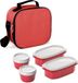 Merkloos Koeltas klein, 3L capaciteit, 4 kunststof vershouddozen (2 x 0,5 l, 2 x 0,2 l) BPA-vrij, rood met punten. Meet 22,5 x 10 x 22 cm