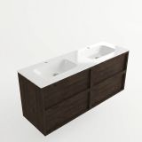 Saniclass Set meuble de salle de bain avec cadre en bois - 140x45x61.5cm - Lavabo Flow en surface solide blanc - 2 lavabos - 2 trous de robinet - 4 tiroirs - Chêne mat anthracite (bois) SW1578615/SW1174117