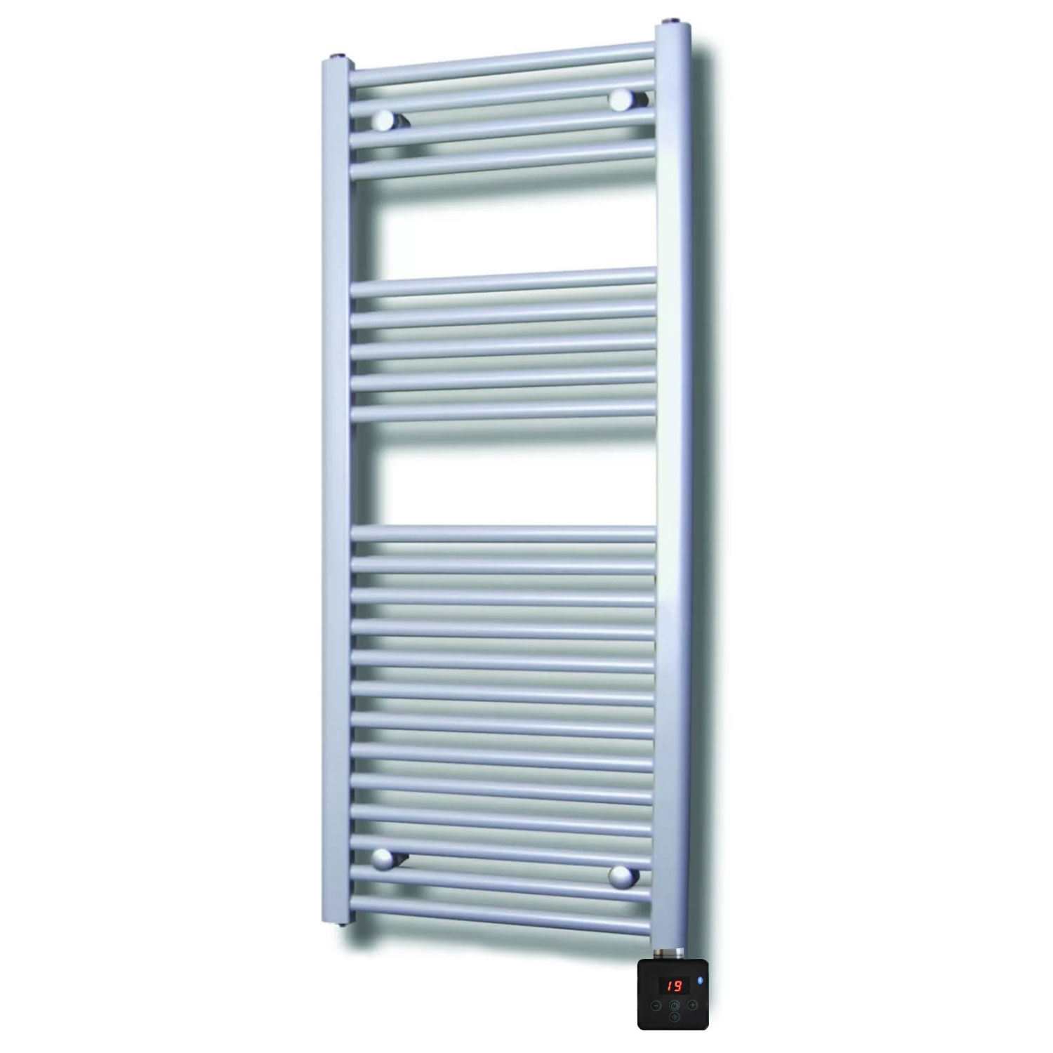 Sanicare Elektrische design radiator sanicare plug & play 111,8x60 cm zilvergrijs 730 watt met chroom thermostaat en bluetooth links