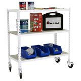 Simon Rack Metalen stelling met wielen 975x1100x300 mm - Maderclick | 3 niveaus, Houten legbord, 75 kg buigbelasting, Corrosiewerende coating, Montage met kliksysteem, Wit