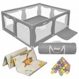 Elissio® Grondbox Baby – Inclusief Dubbelzijdige Speelmat – Baby Speelbox met 50x Speelballen - Kinderbox - Playpen - 180x150 CM - Grijs