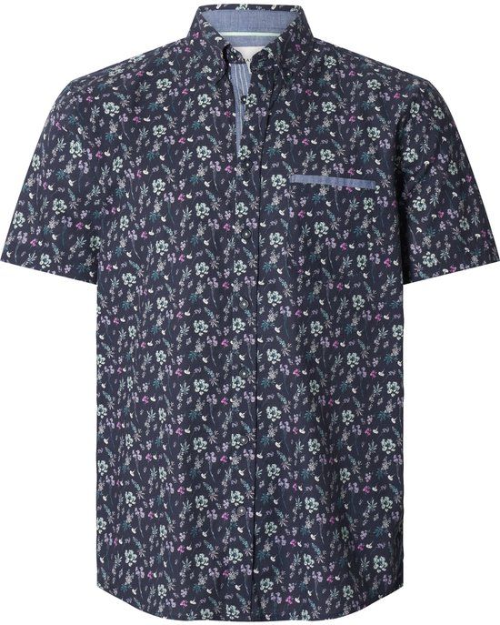 Babista Heren Overhemd Met Korte Mouwen - Donkerblauw - Katoen - Gebloemd - Regular Fit - Plus Size