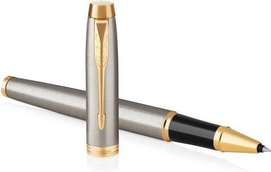 Parker IM Rollerball Pen - Brushed Metal with Gold Trim - Fine Nib - Black Ink - Gift Box