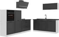Vicco Complete keukeneenheid R-Line, Antraciet landelijk/Wit, 220 cm antraciet werkblad