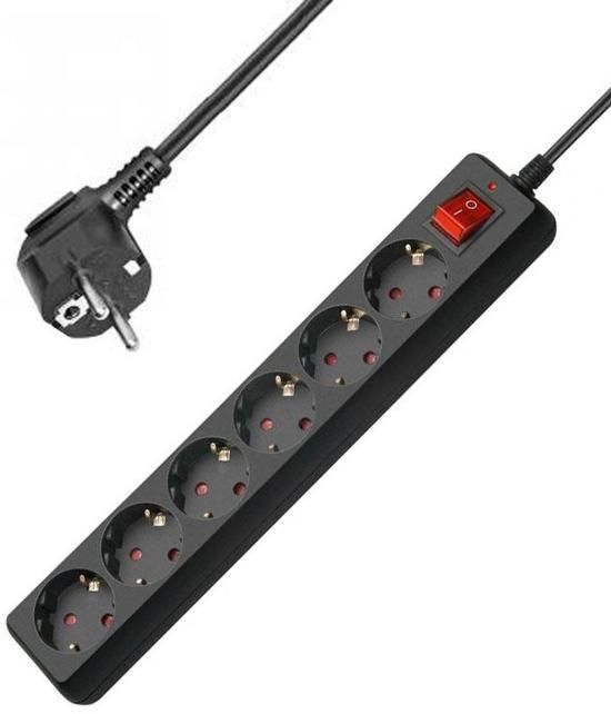 Allteq Stekkerdoos met schakelaar - 6-voudig - 1.5 meter - Zwart