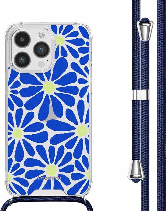 iMoshion Hoesje iPhone 14 Pro - Cobalt Blue Flowers Connect - Back Cover met Koord