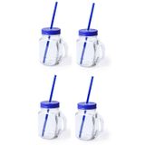 Mason Jar verres - 4x pièces - verre - couvercle bleu avec paille - 500 ml - refermable - shakes aux fruits