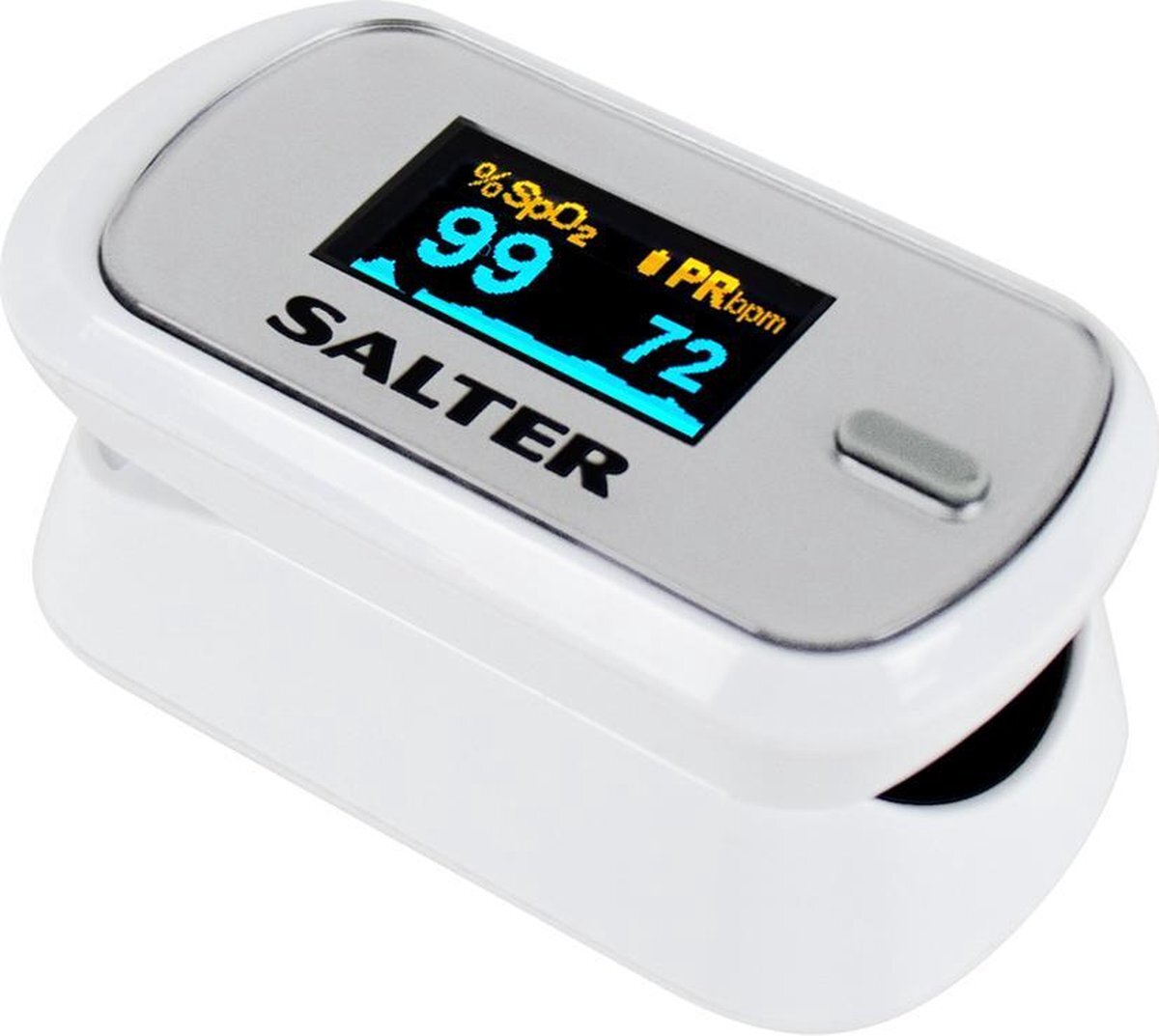 Salter Vingertop Hartslagmeter – Zuurstofmeter, Meet Saturatie, Hartslag en Perfusie Index Aan Vingertop, Compact, Tweekleurig Makkelijk Afleesbaar OLED-Scherm, 2x AAA Batterij Inbegrepen – Wit