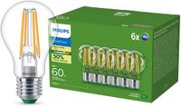 Philips LED Philips UltraEfficient LED lamp Transparant - 60W - E27 fitting - Warmwit licht; 2700K - Ultra Efficiënt: Energielabel A - 6-pack