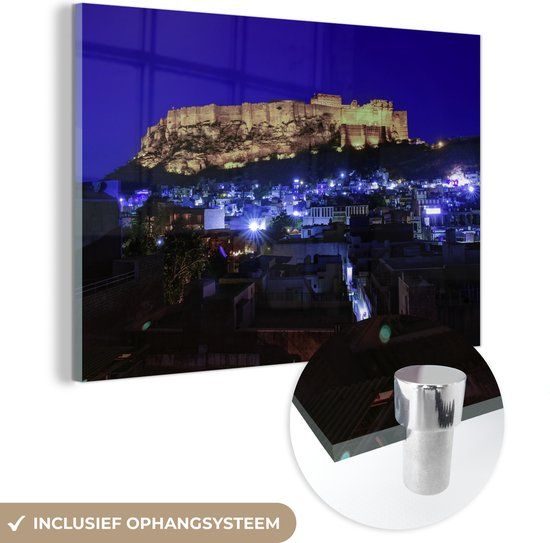 MuchoWow® Glass Painting 150x100 cm - Acrylic Glass Painting - Yellow and Blue Lighting of Jodphur in the Evening - Photo on Glass - Paintings