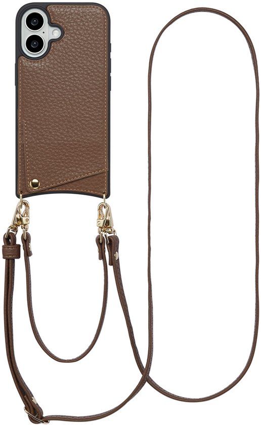 Selencia Hoesje - Geschikt voor Apple iPhone 16 - Backcover met koord en pashouder - Mocha Brown