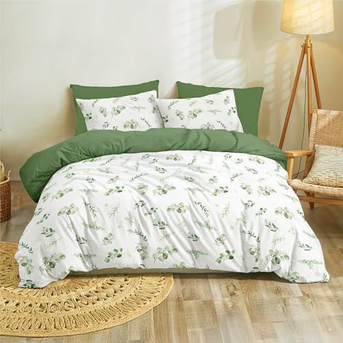 Dreamzie Dekbedovertrek 155 x 220 cm met 2 kussenslopen 80 x 80 cm, botanisch motief, saliegroen, beddengoed 155 x 220 cm, bladpatroon, beddengoed met ritssluiting, Oeko TEX