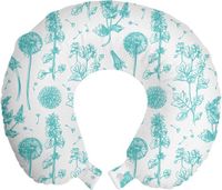 ABAKUHAUS Bloemen Reiskussen met Neksteun, Handgetekende Wilde Bloemen, Schuimrubberen Reisaccessoire voor Vliegtuig en Auto, 30x30 cm, Cadetblauw Wit