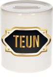 Bellatio Decorations Spaarpot met voornaam Teun - wit - met goud/zwart embleem - 8 x 9 cm - keramiek - met afsluitdop - cadeau verjaardag