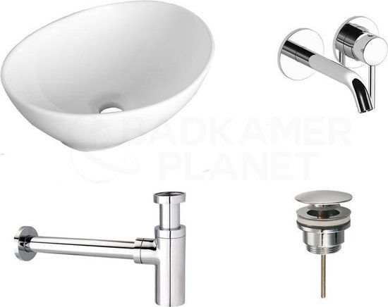 Sani Royal VINO - Keramische Waskomset - Ovaal - 40.5x33cm - Wit/Chroom