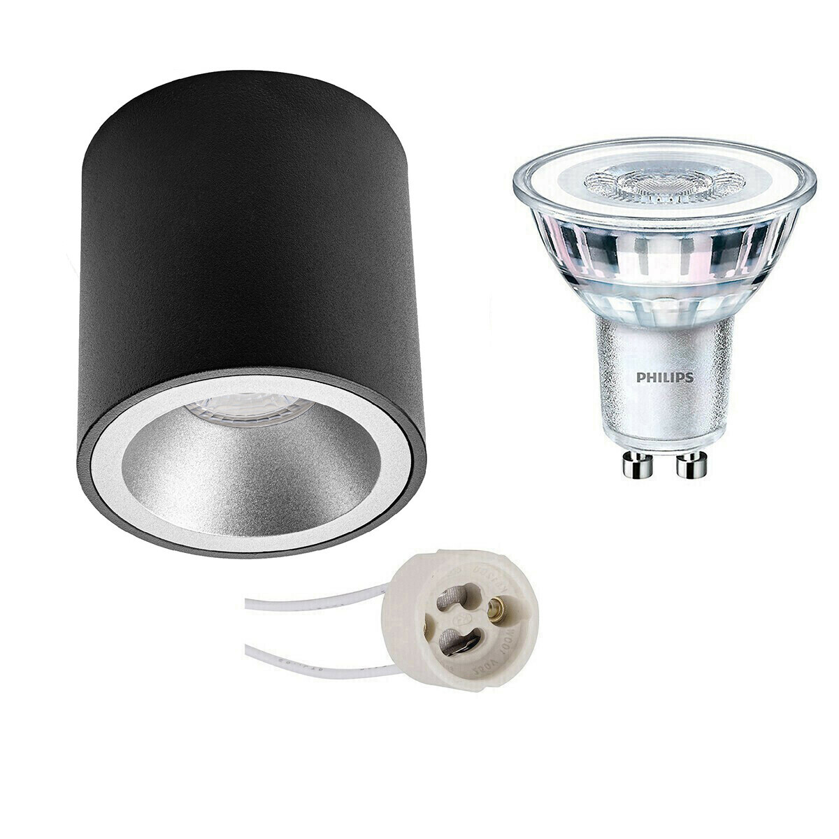 BES LED Opbouwspot Set - Pragmi Cliron Pro - GU10 Fitting - Opbouw Rond - Mat Zwart/Zilver - Verdiept - Ø90mm - Philips - CorePro 827 36D - 4W - Warm Wit 2700K - Dimbaar