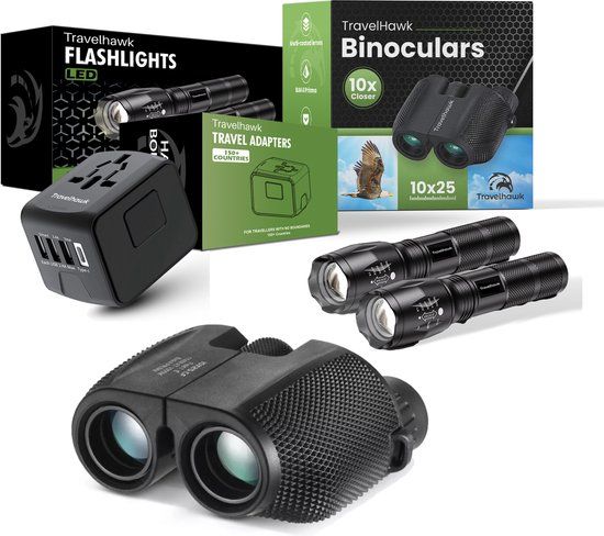 Travelhawk Reispakket - Universele Wereldstekker, Compacte Verrekijker & Militaire Zaklampen (2 stuks) - Zwart