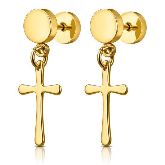 Mendes Lookinggoodtoday Cross Stud oorbellen Titanium Goudkleurig