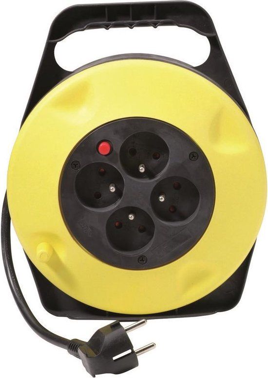 PROFILE Kabelbox - 10 meter - 4 stopcontacten - Zwart/geel - Met penaarde - Met overspanningsbeveiliging